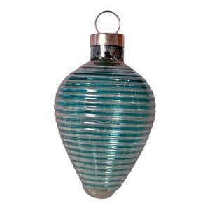 Vintage 2.5” Shiny Brite Teal Glass Ornament Lantern Ribbed Christmas Bauble